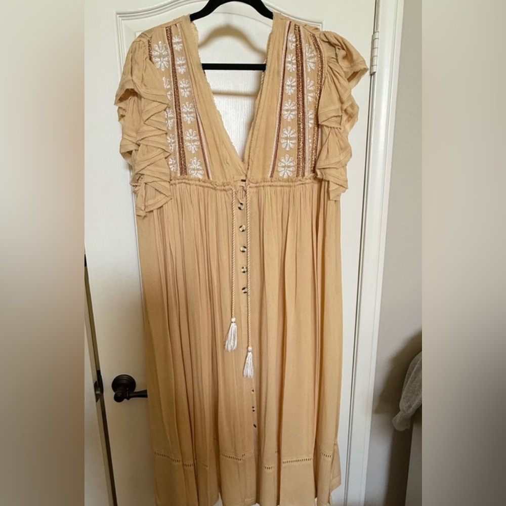 Free People Yellow Maxi Dress with Plunge Neckline and Flutter Sleeves